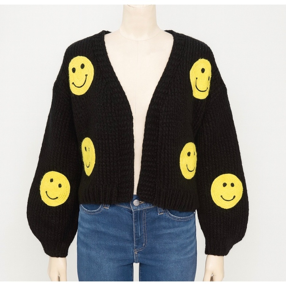 Luna Ivy Smiley Face‎ Cardigan Womens XS Black Yellow Knit Sweater Emoji Cottage
